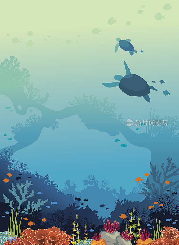 Turtles, coral reef, fishes, underwater sea.